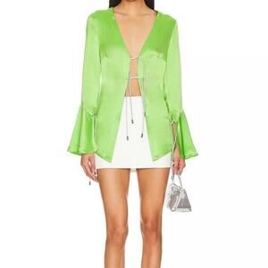 Retrofete Svea Satin Tie Front Bell Sleeves Blouse Top Women's Small Lime Green